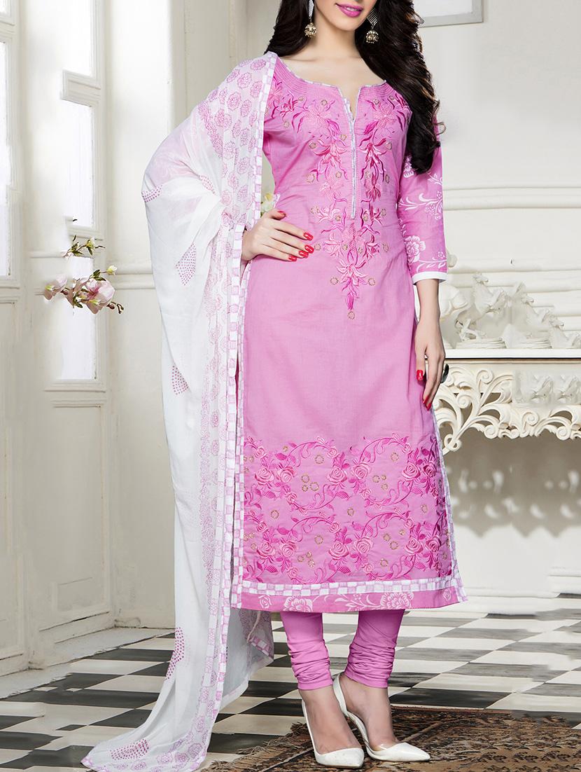 pink cotton embroidered unstitched suit set - 11631487 - Zoom Image - 1