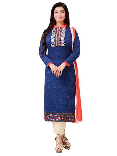 blue cotton blend embroidered dress material - 11670491 - Standard Image - 1