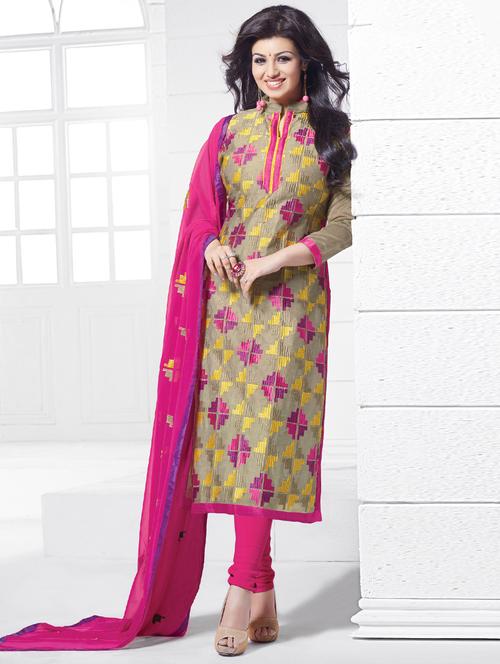 beige cotton unstitched suit - 11671268 - Standard Image - 1