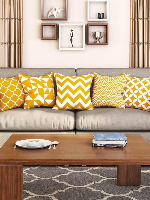 yellow cotton set of 5 cushion covers - 11697414 - Standard Image - 1