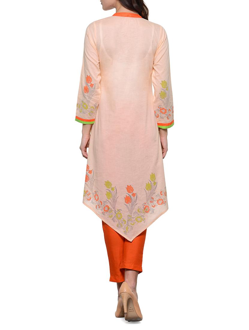 peach cotton kurta - 11698408 - Zoom Image - 3
