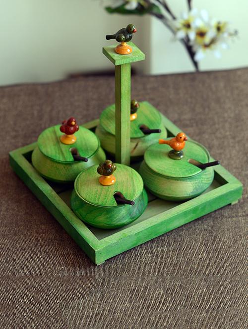 green wooden 4 jar set with base tray and spoon - 1170255 - Very Small Image - 1
