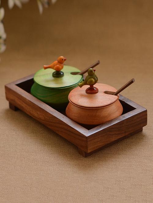 multi-coloured wooden 2 jar set with base tray and spoon - 1170269 - Very Small Image - 1