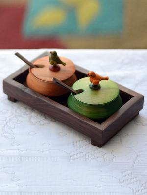 multi-coloured wooden 2 jar set with base tray and spoon - 1170269 - Standard Image - 2