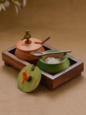 multi-coloured wooden 2 jar set with base tray and spoon - 1170269 - Standard Image - 3
