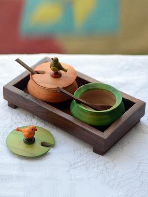 multi-coloured wooden 2 jar set with base tray and spoon - 1170269 - Standard Image - 4