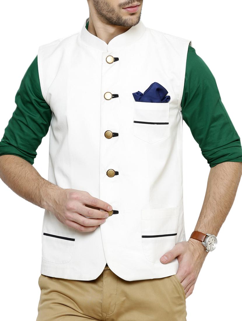 solid white cotton nehru jacket - 11704590 - Zoom Image - 1