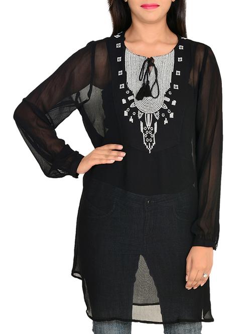 tassel tie-up neck embroidered detail tunic - 11707180 - Standard Image - 1