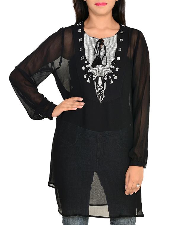 tassel tie-up neck embroidered detail tunic