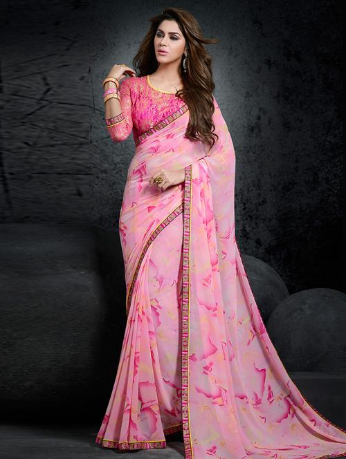 pink georgette printed saree with blouse - 11714734 - Standard Image - 1