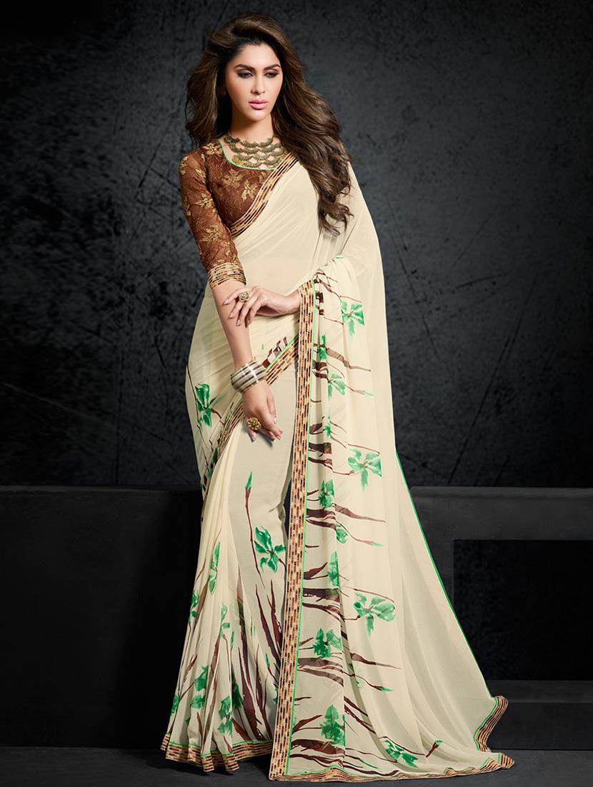 women's printed beige colored saree with blouse