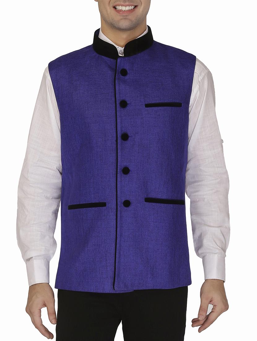 dark blue cotton khadi nehru jacket - 11714759 - Zoom Image - 1