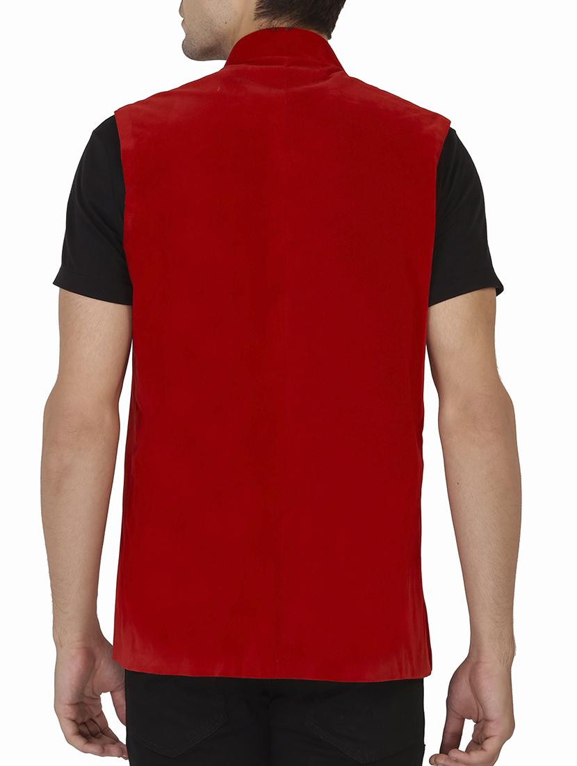 solid red velvet nehru jacket - 11714760 - Zoom Image - 2