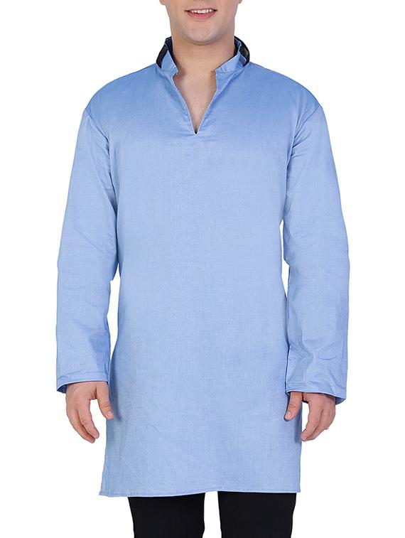 solid light blue cotton kurta - 11727946 - Zoom Image - 1