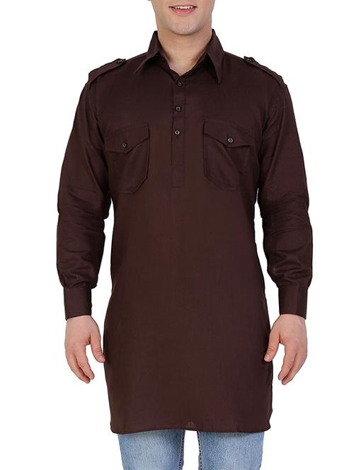 solid brown cotton pathani kurta - 11727954 - Standard Image - 1