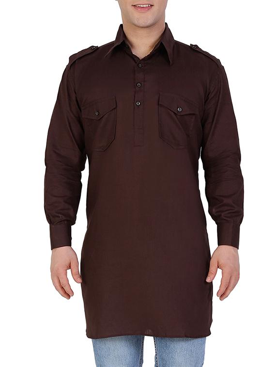 solid brown cotton pathani kurta - 11727954 - Zoom Image - 1