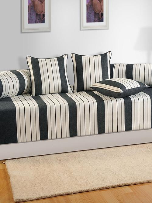 set of 6 black and cream colour stripes diwan set with bolster and cushion covers - 11758038 - Standard Image - 1