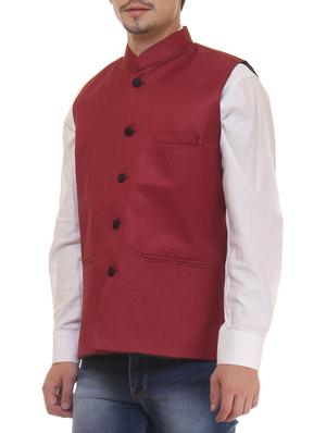 maroon cotton nehru jacket - 11764114 -  Standard Image - 1