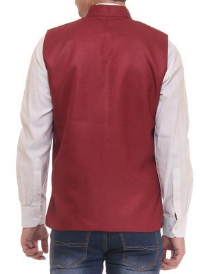 maroon cotton nehru jacket - 11764114 - Standard Image - 3