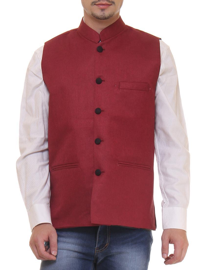 maroon cotton nehru jacket - 11764114 - Zoom Image - 1