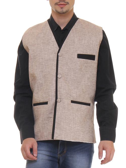 brown linen nehru jacket - 11764122 - Standard Image - 1