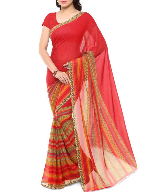 red georgette printed saree with blouse - 11787964 - Standard Image - 1