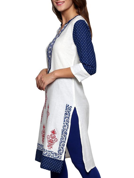 white cotton printed straight kurta - 11831757 - Zoom Image - 2