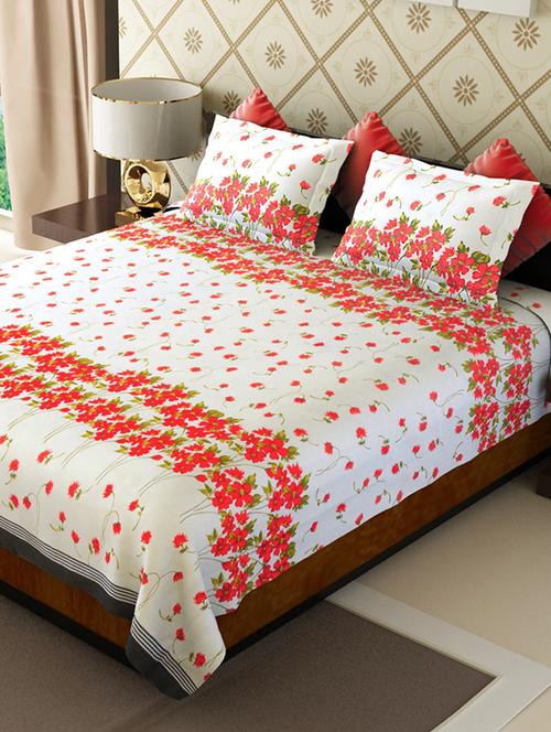 home candy red floral cotton double bed sheet with 2 pillow covers- 144 tc - 11863885 - Standard Image - 1
