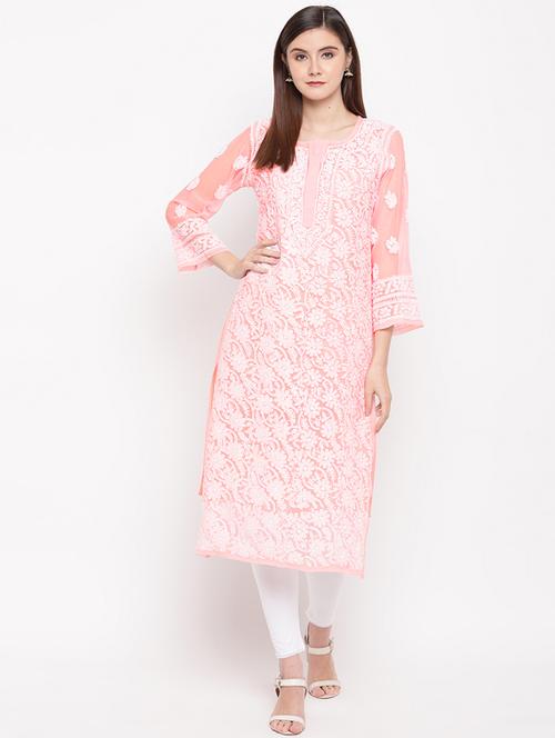 ada hand embroidered peach georgette chikankari straight kurta - 11870609 - Standard Image - 1