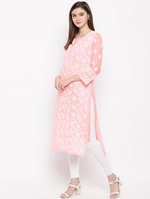 ada hand embroidered peach georgette chikankari straight kurta - 11870609 - Standard Image - 2