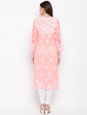 ada hand embroidered peach georgette chikankari straight kurta - 11870609 - Standard Image - 4