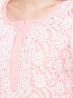 ada hand embroidered peach georgette chikankari straight kurta - 11870609 - Standard Image - 5