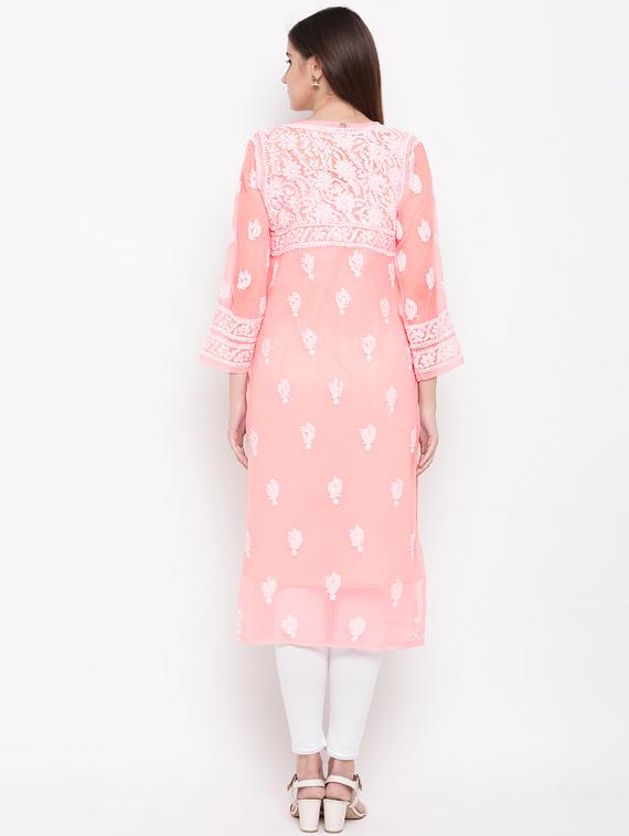 ada hand embroidered peach georgette chikankari straight kurta - 11870609 - Zoom Image - 4