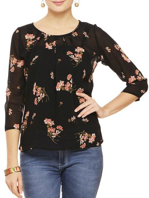 pleat detail floral sheer top - 11910582 - Standard Image - 1