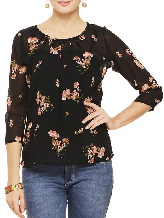 pleat detail floral sheer top - 11910582 - Zoom Image - 1