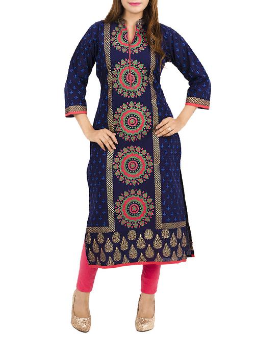 blue cotton straight kurta - 11911024 - Standard Image - 1