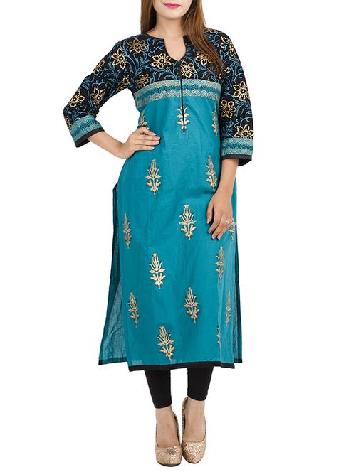 blue cotton straight kurta - 11911027 - Standard Image - 1