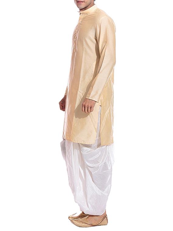gold pure silk kurta dhoti set - 11911048 - Zoom Image - 2