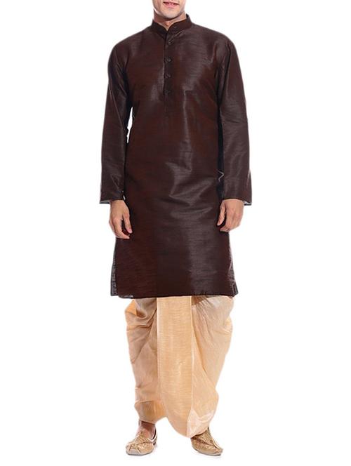 brown pure silk kurta dhoti set - 11911051 - Standard Image - 1