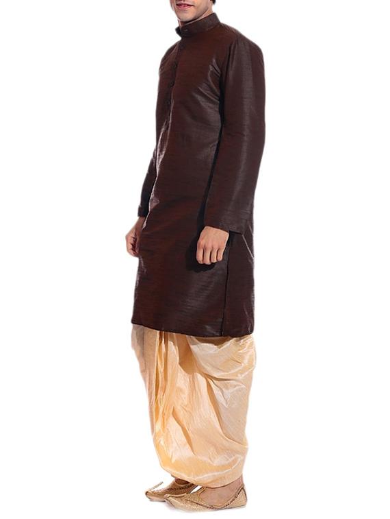 brown pure silk kurta dhoti set - 11911051 - Zoom Image - 2