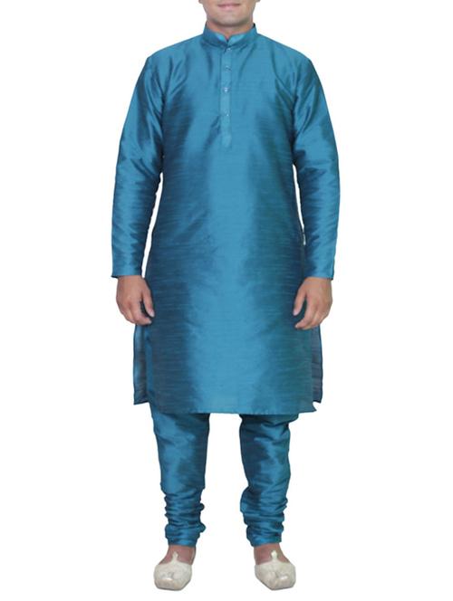 solid blue pure silk kurta pyjama - 11911069 - Standard Image - 1