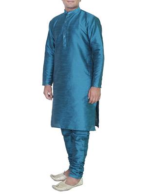 solid blue pure silk kurta pyjama - 11911069 - Standard Image - 2