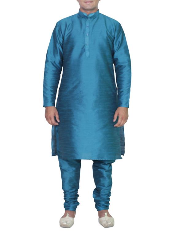 solid blue pure silk kurta pyjama - 11911069 - Zoom Image - 1