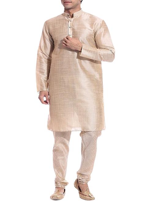 solid beige pure silk kurta pyjama set - 11911073 - Standard Image - 1