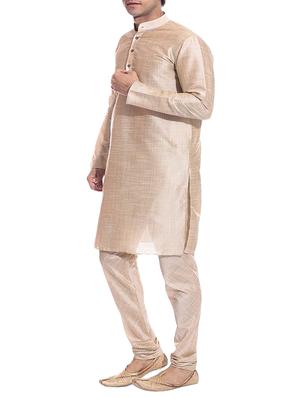 solid beige pure silk kurta pyjama set - 11911073 - Standard Image - 2