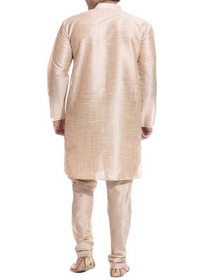 solid beige pure silk kurta pyjama set - 11911073 - Standard Image - 3