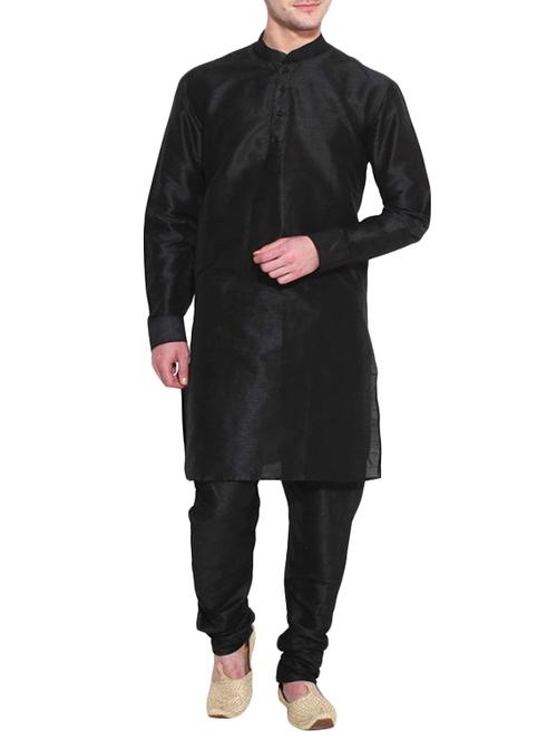 solid black pure silk kurta pyjama set - 11911083 - Standard Image - 1