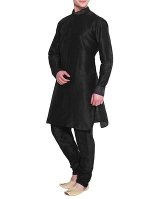 solid black pure silk kurta pyjama set - 11911083 - Standard Image - 2