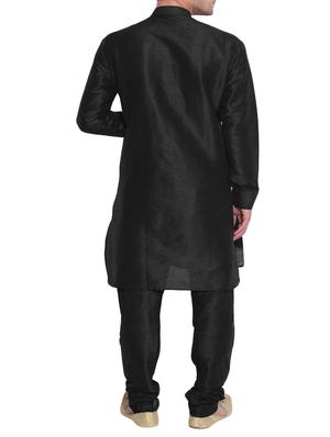 solid black pure silk kurta pyjama set - 11911083 - Standard Image - 3