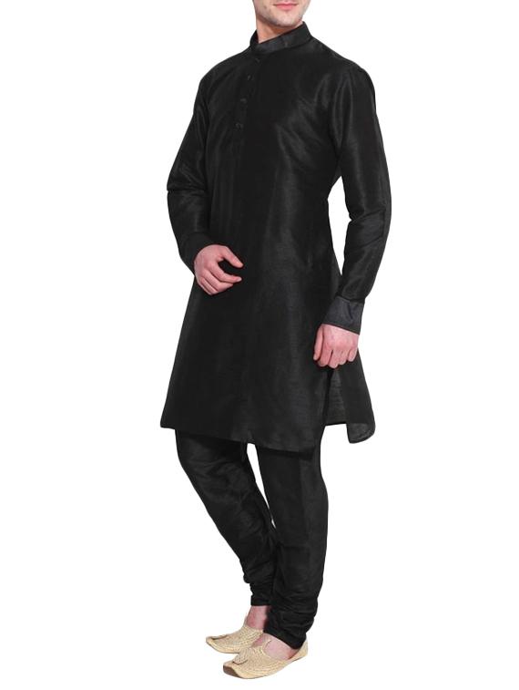 solid black pure silk kurta pyjama set - 11911083 - Zoom Image - 2